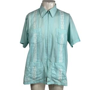 GUAYABERA Genuine Haband Original Short Sleeve Zipper Front Embroidered Shirt L